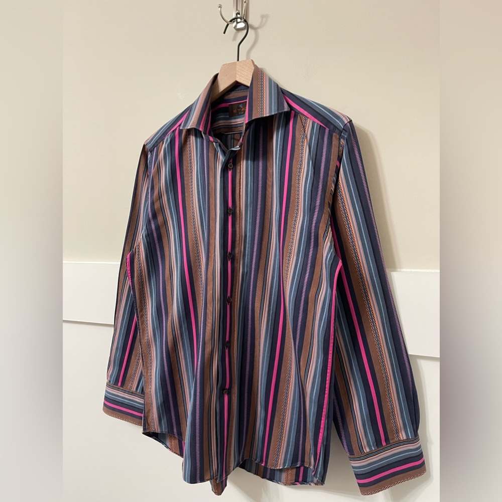 Etro Milano Multi-Color Stripe Luxury Unique Shirt Italy Size 39 - Picture 5 of 7